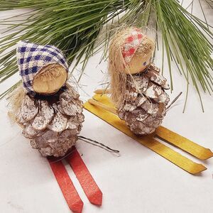 Vintage Christmas Putz Pinecone SKIER Girls Tree Ornament Skiers-Steinbach?